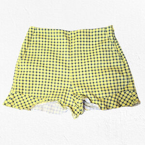Zara Yellow Navy Checkered Plaid High Waisted Ruffle Hem Shorts Size Medium